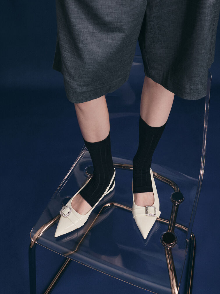 Patent Crystal-Buckle Pointed-Toe Slingback Flats, Chalk, hi-res