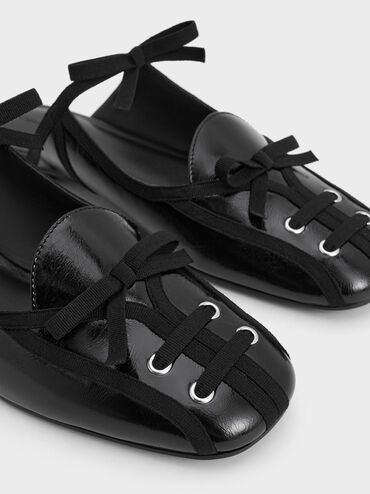 Crinkle-Effect Lace-Up Bow Ballet Mules, Black, hi-res