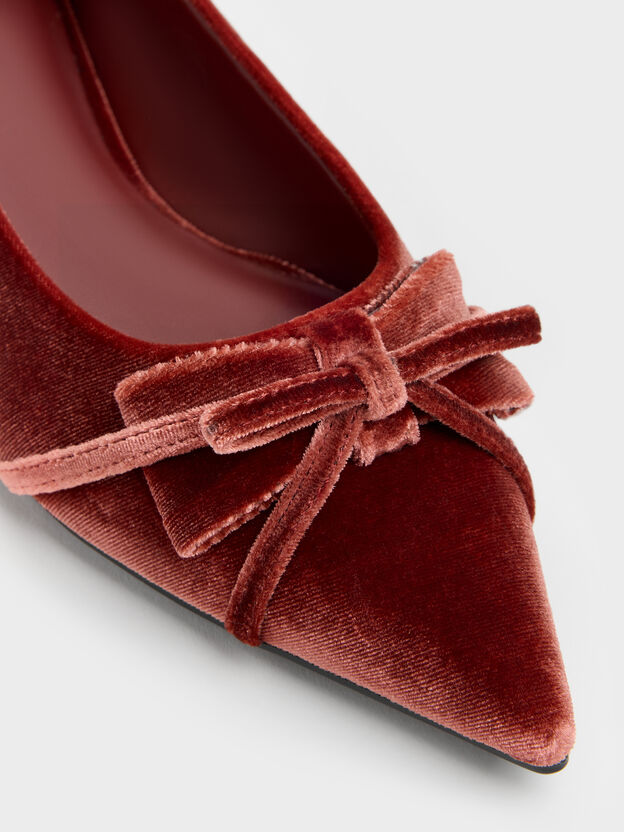 Bettina Velvet Double-Bow Pointed Ballet Flats, Brick, hi-res