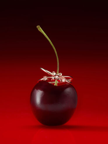 Felicity Flower-Motif Crystal Crossover Ring, Silver, hi-res