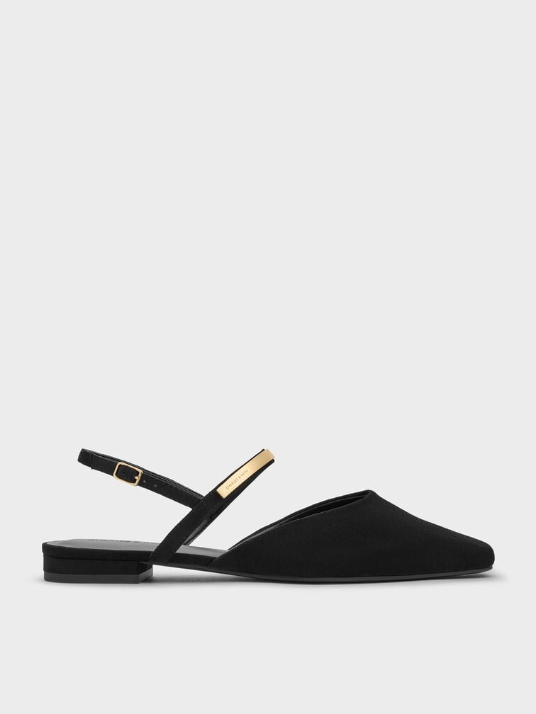 Faux Suede Metallic-Accent Square-Toe Slingback Flats, Black Textured, hi-res