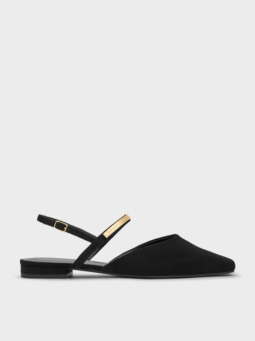 Faux Suede Metallic-Accent Square-Toe Slingback Flats, Black Textured, hi-res