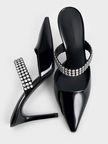Patent Crystal-Embellished Heeled Mules, Black Patent, hi-res