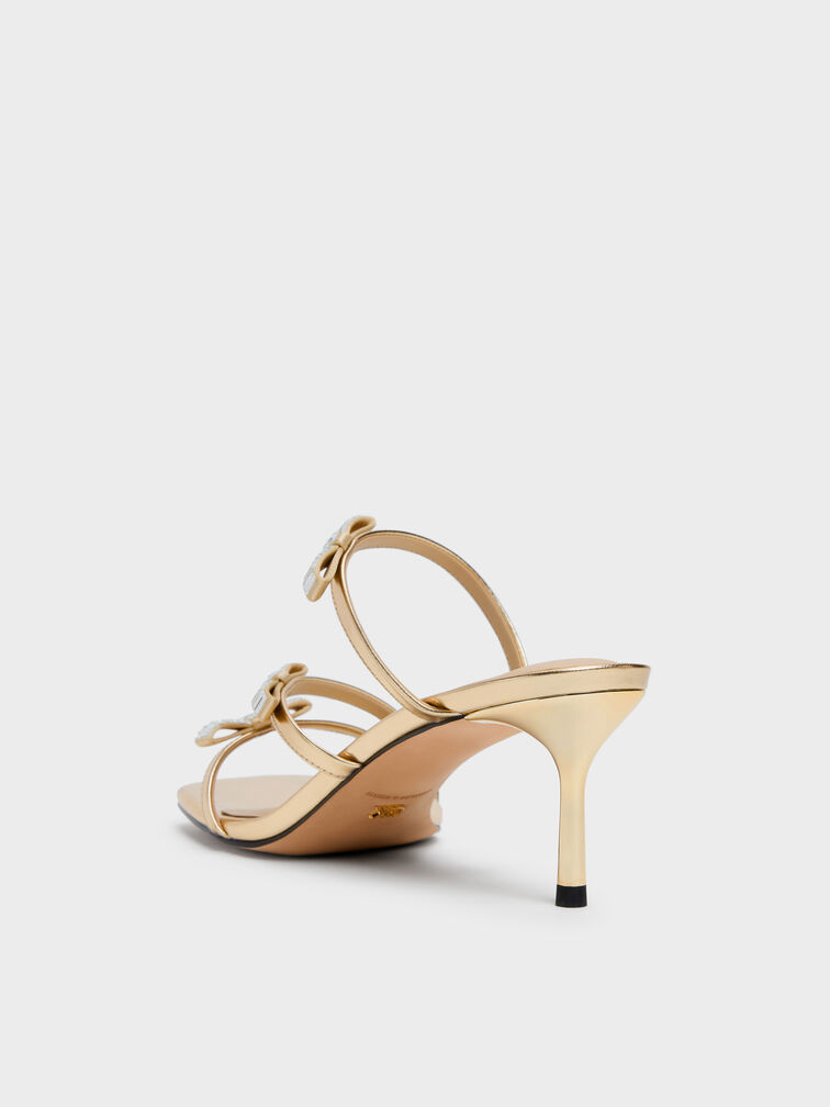 Jessy Leather Gem-Bow Heeled Sandals, Gold, hi-res