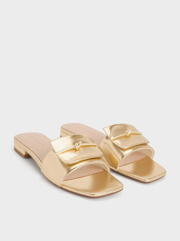 Metallic Knotted Accent Slide Sandals, Light Gold, hi-res