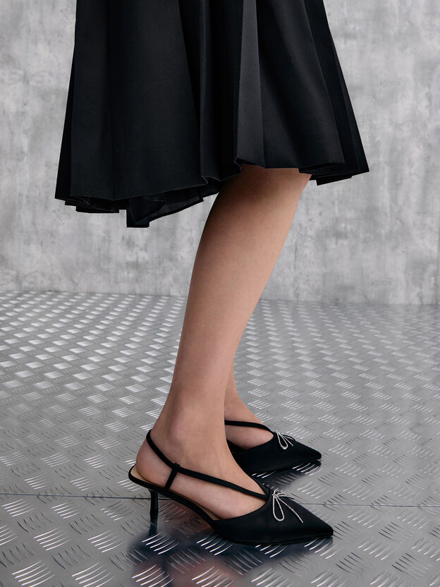 Crystal-Bow Kitten-Heel Slingback Pumps, Black Textured, hi-res