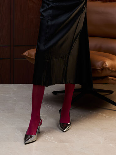 Kaia Metallic Pointed-Toe Slingback Pumps, Pewter, hi-res