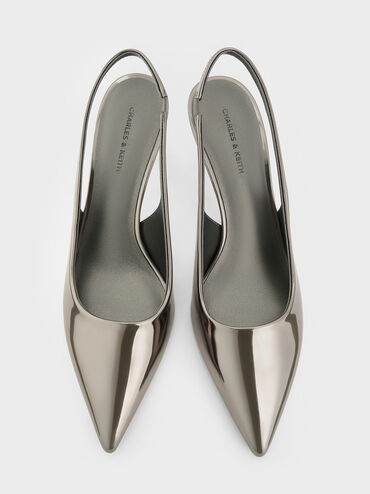Kaia Metallic Pointed-Toe Slingback Pumps, Pewter, hi-res