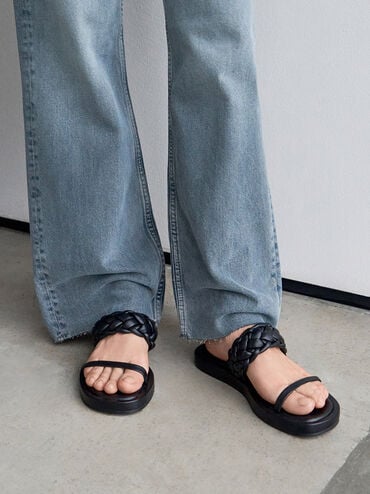 Braided-Strap Flatform Sandals, Black, hi-res