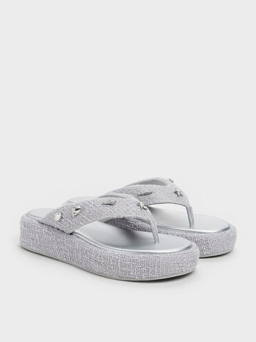 Tweed Beach Flatform Thong Sandals, Silver, hi-res