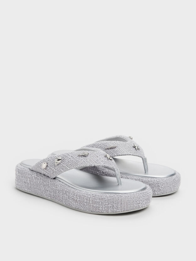 Tweed Beach Flatform Thong Sandals, Silver, hi-res