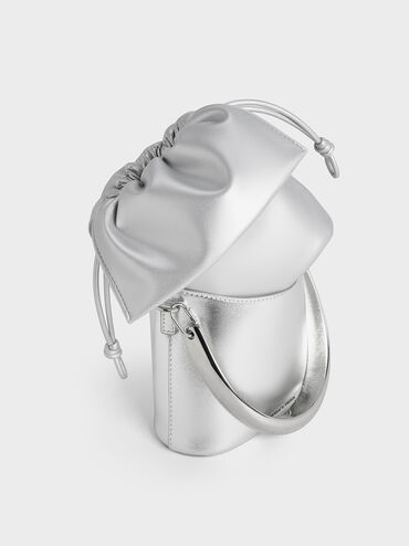 Metallic Ruched-Flap Drawstring Bucket Bag, Silver, hi-res
