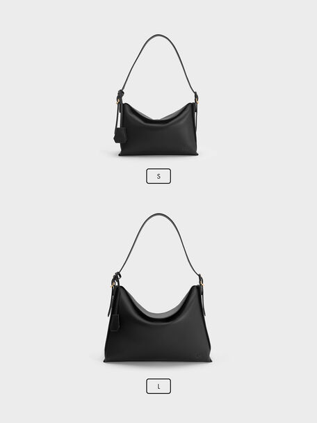 Large Leather Top-Flap Hobo Bag, Black, hi-res