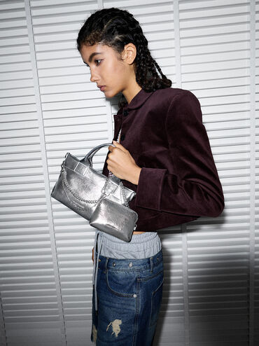Atwood Crinkle-Effect Chain-Embellished Tote Bag, Silver, hi-res