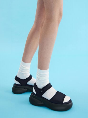 Flower-Buckle Platform Sports Sandals, Dark Blue, hi-res