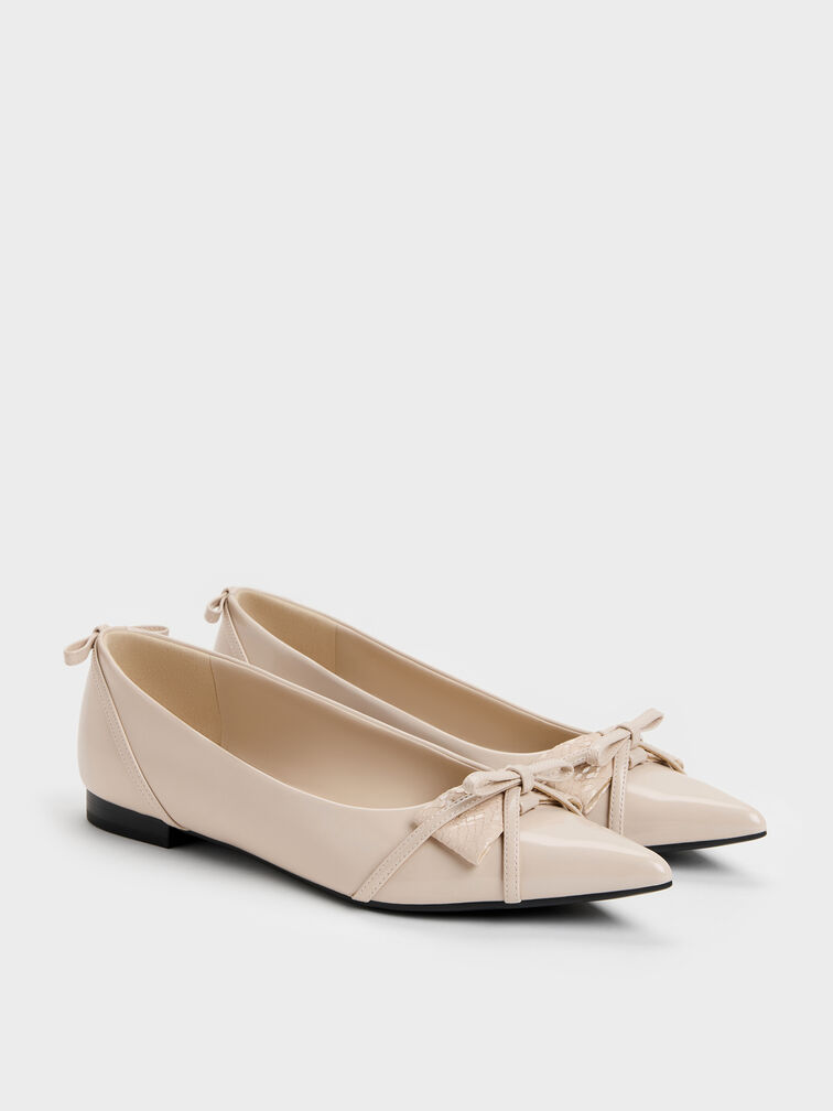 Bettina Double-Bow Pointed Ballet Flats, Beige, hi-res