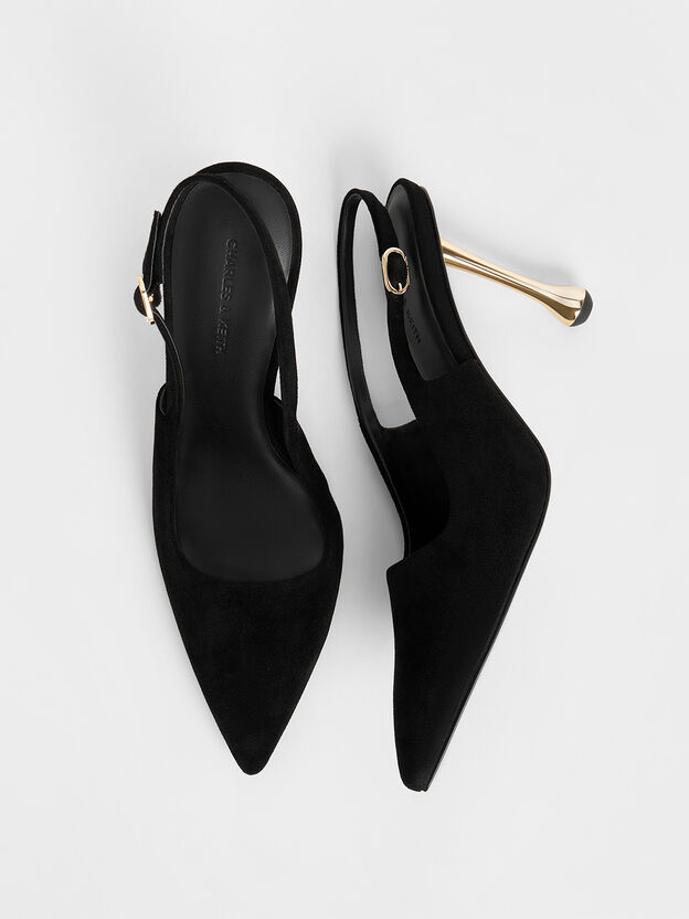 Faux Suede Sculptural-Heel Pointed Pumps, Black Textured, hi-res