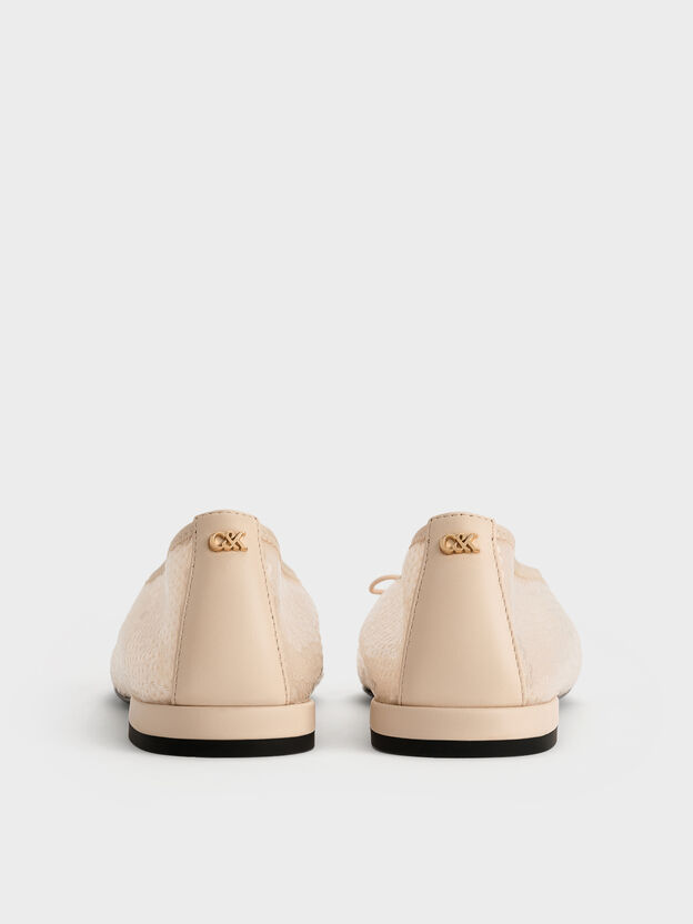 Sequin Mesh & Leather Bow Ballet Flats, Nude, hi-res