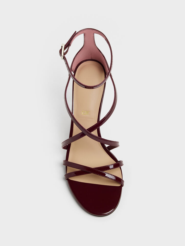 Patent Leather Strappy Stiletto Sandals, Burgundy, hi-res