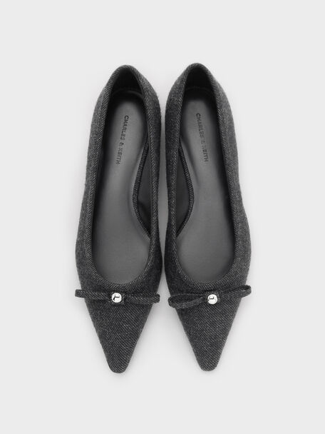 Felt Bow Pointed Ballet Flats, Dark Grey, hi-res
