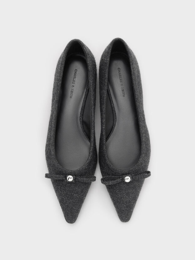 Felt Bow Pointed Ballet Flats, Dark Grey, hi-res