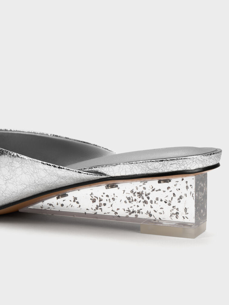 Metallic Crinkle-Effect Speckled-Heel Wedge Mules​, Silver, hi-res