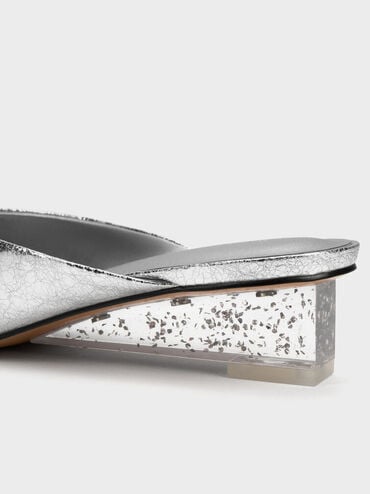 Metallic Crinkle-Effect Speckled-Heel Wedge Mules, Silver, hi-res