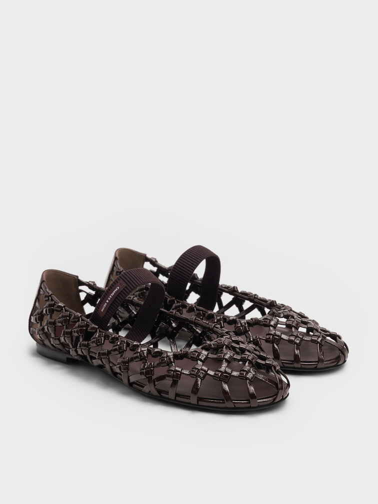 Woven Mary Jane Flats, Burgundy, hi-res