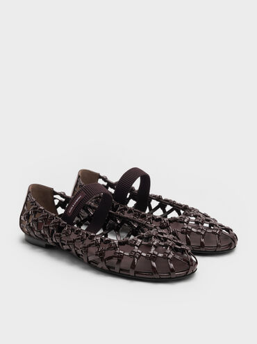 Woven Mary Jane Flats, Burgundy, hi-res