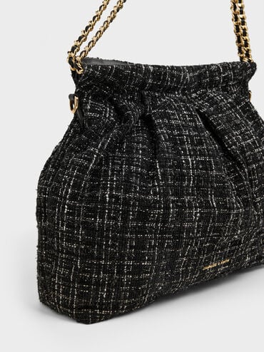 Duo Tweed Double-Chain Hobo Bag, Black Tweed, hi-res
