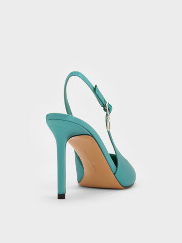 Satin Teardrop-Crystal Stiletto-Heel Slingback Pumps, Teal, hi-res