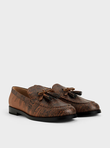 Bow Tassel Loafers, Animal Print Brown, hi-res