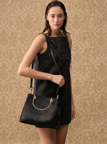 Pony Hair & Leather Ring-Handle Bag, Black, hi-res