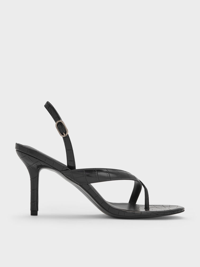 Croc-Effect Stiletto Slingback Thong Sandals, Animal Print Black, hi-res