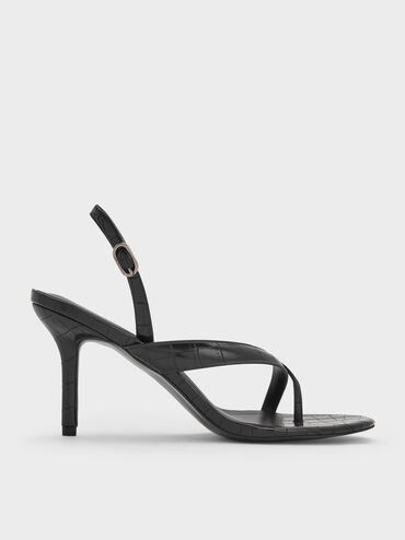 Croc-Effect Stiletto Slingback Thong Sandals, Animal Print Black, hi-res