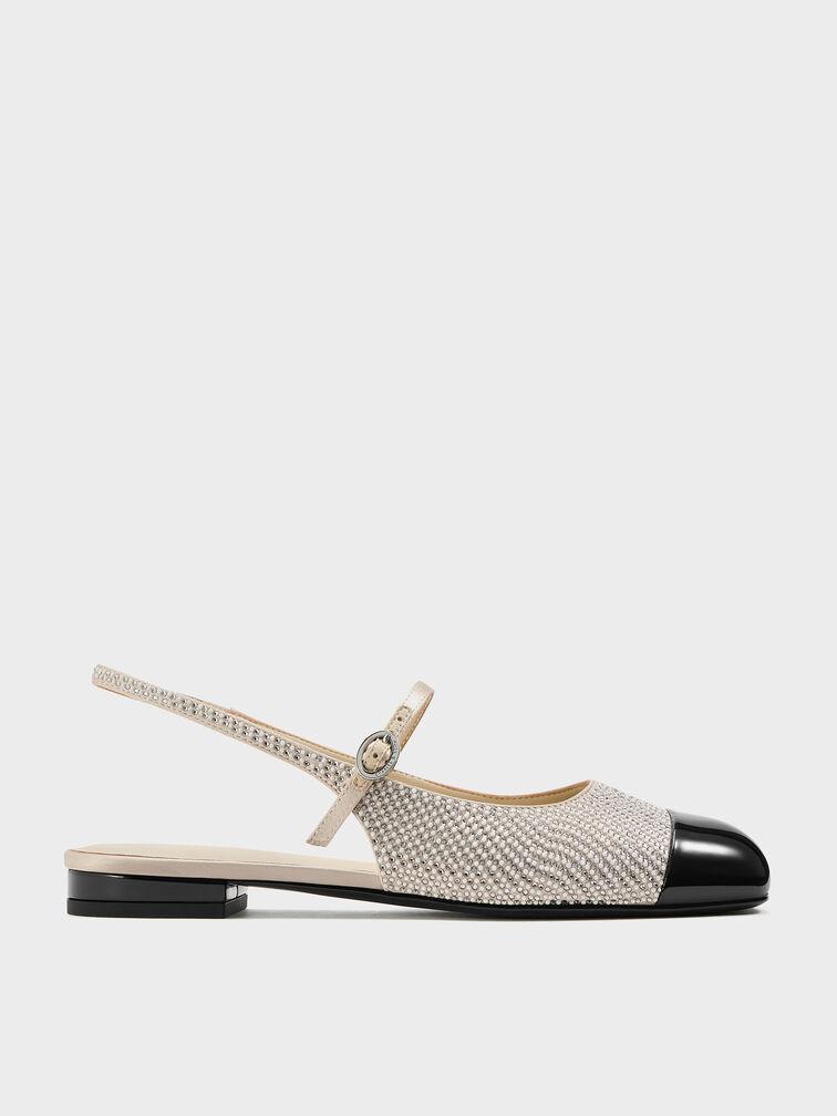 Pearl & Crystal-Embellished Cap-Toe Slingback Mary Jane Flats, Gold, hi-res