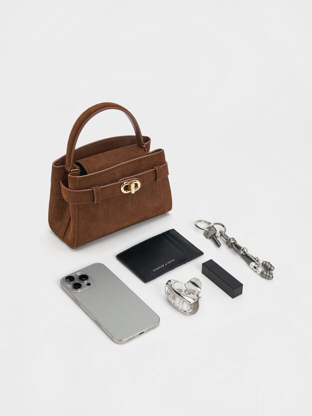 Aubrielle Croc-Effect Belted Top Handle Bag, Chocolate, hi-res