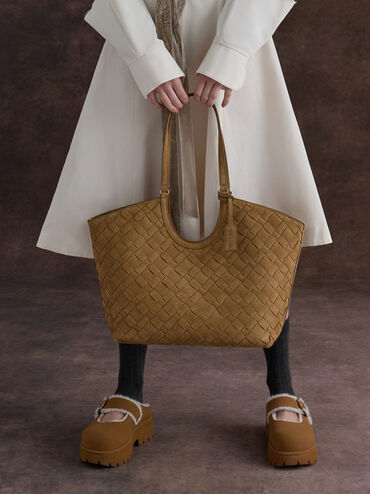 Bergen Textured Fur-Trim Buckled Platform Mules, Brown, hi-res