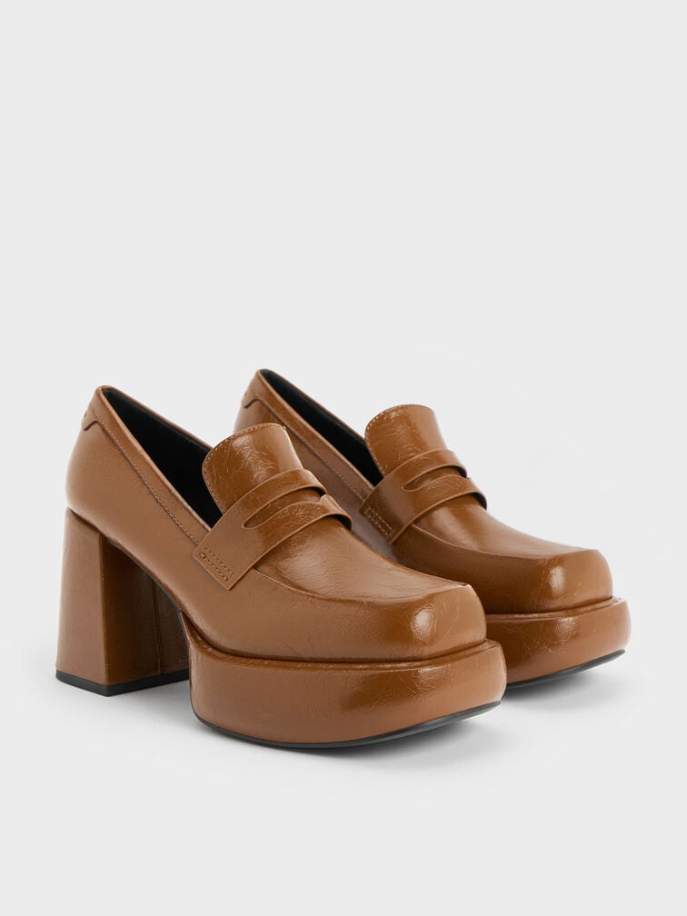Monique Crinkle-Effect Platform Loafer Pumps, Brown, hi-res
