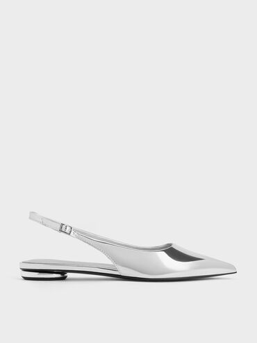 Metallic Pointed-Toe Slingback Flats, Silver, hi-res