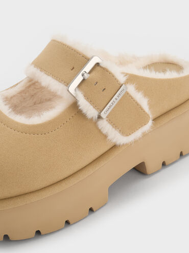 Bergen Textured Fur-Trim Buckled Platform Mules, Sand, hi-res