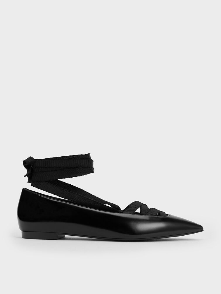 Pointed-Toe Tie-Around Ballet Flats, Black Box, hi-res