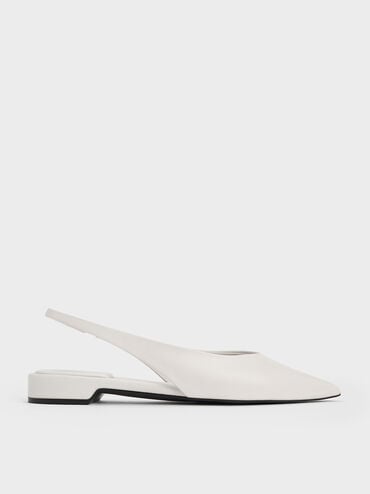 Pointed-Toe High-Vamp Slingback Flats, White, hi-res