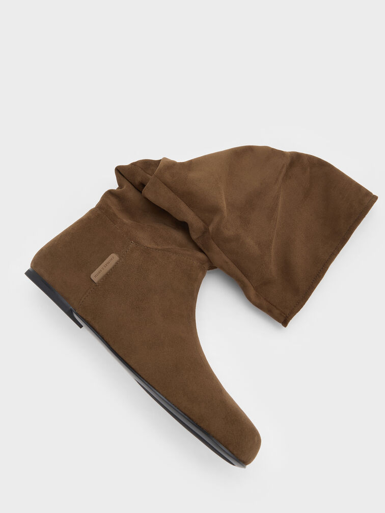 Faux Suede Ruched Knee-High Boots, Brown, hi-res