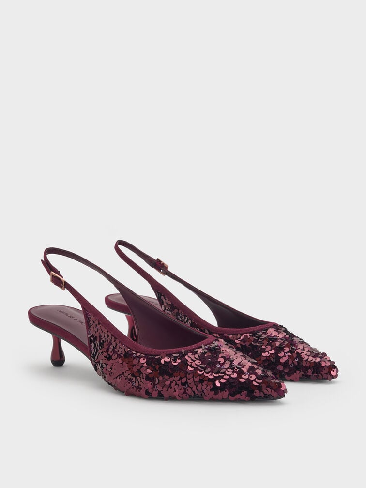 Ruthie Sequinned Slingback Pumps, Burgundy, hi-res