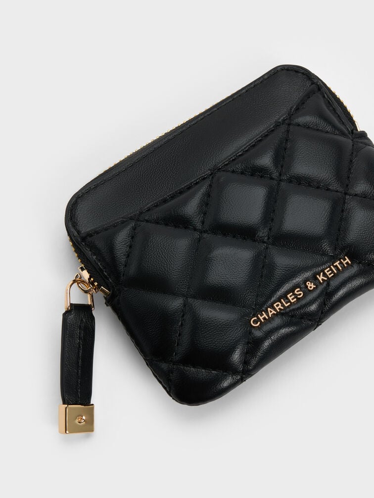 Alva Quilted Top-Zip Card Holder, Black, hi-res