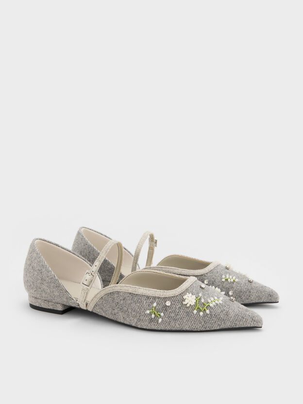 Twill Bead-Flower Mary Janes, Grey, hi-res