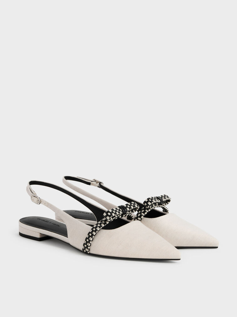 Kaleen Linen Woven-Bow Slingback Flats, Chalk, hi-res