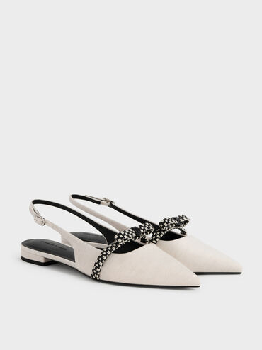 Kaleen Linen Woven-Bow Slingback Flats, Chalk, hi-res