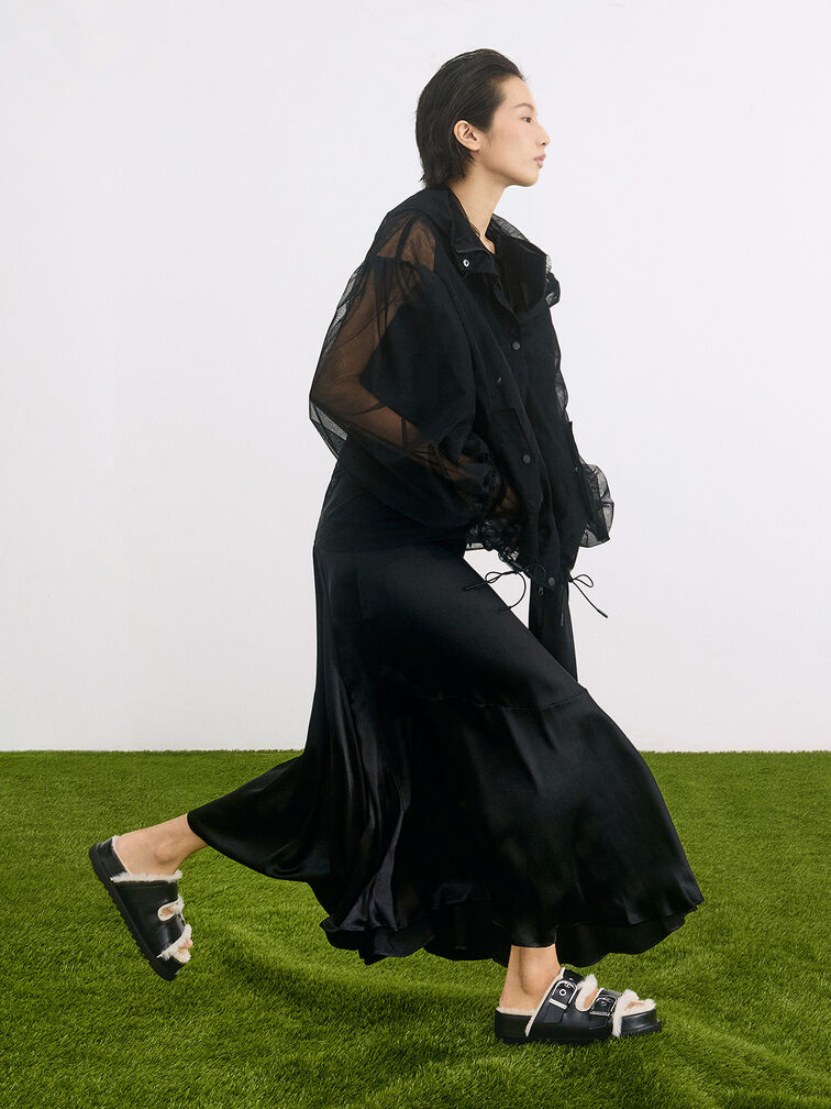 Hannah Furry Buckled Double-Strap Sandals, Black Hannah Furry Buckled Double-Strap Sandals, Black, hi-res